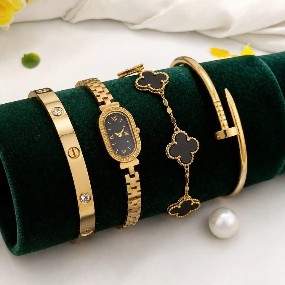 Women’s Stainless Steel Watch & 4-Piece Bracelet Set