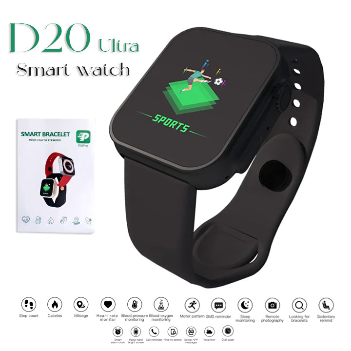 D20 Ultra Fitness Bluetooth Smartwatch with Heart Rate & Blood Pressure Monitoring